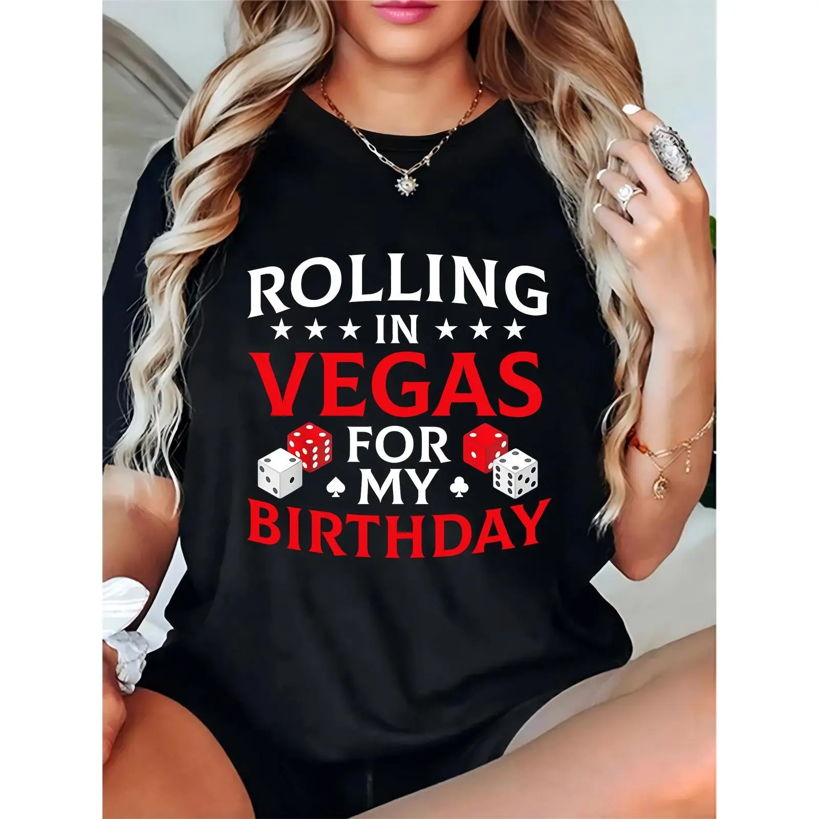 Women's "Rolling in Vegas for My Birthday" T-Shirt with Red/White Dice, Spade & Club Casino Elements | Ideal for Birthday Celebrations, Vegas Trips, Casino Nights & Women’s Birthday Attire