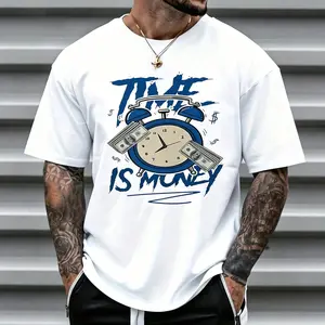 Men's "Time Is Money" Graphic T-Shirt, Blue Clock & Cash Print Casual Tee, Hip Hop Streetwear Top For Men
