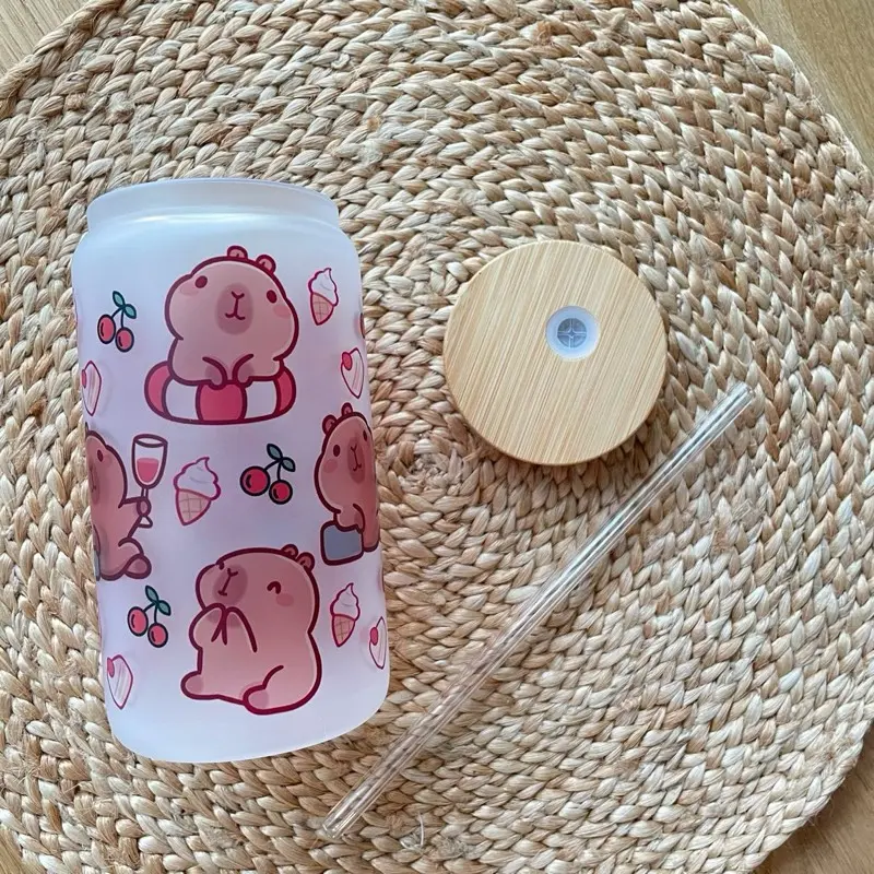 Adorable Capybara 16oz Frosted Glass Cup with Bamboo Lid and Glass Straw