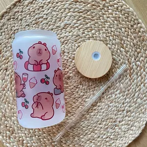 Adorable Capybara 16oz Frosted Glass Cup with Bamboo Lid and Glass Straw