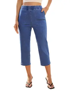 luvamia Capri Jeans for Women Trendy Pull On Elastic Waist High Rise Side Split Stretchy Relaxed Fit Denim Capris Pants