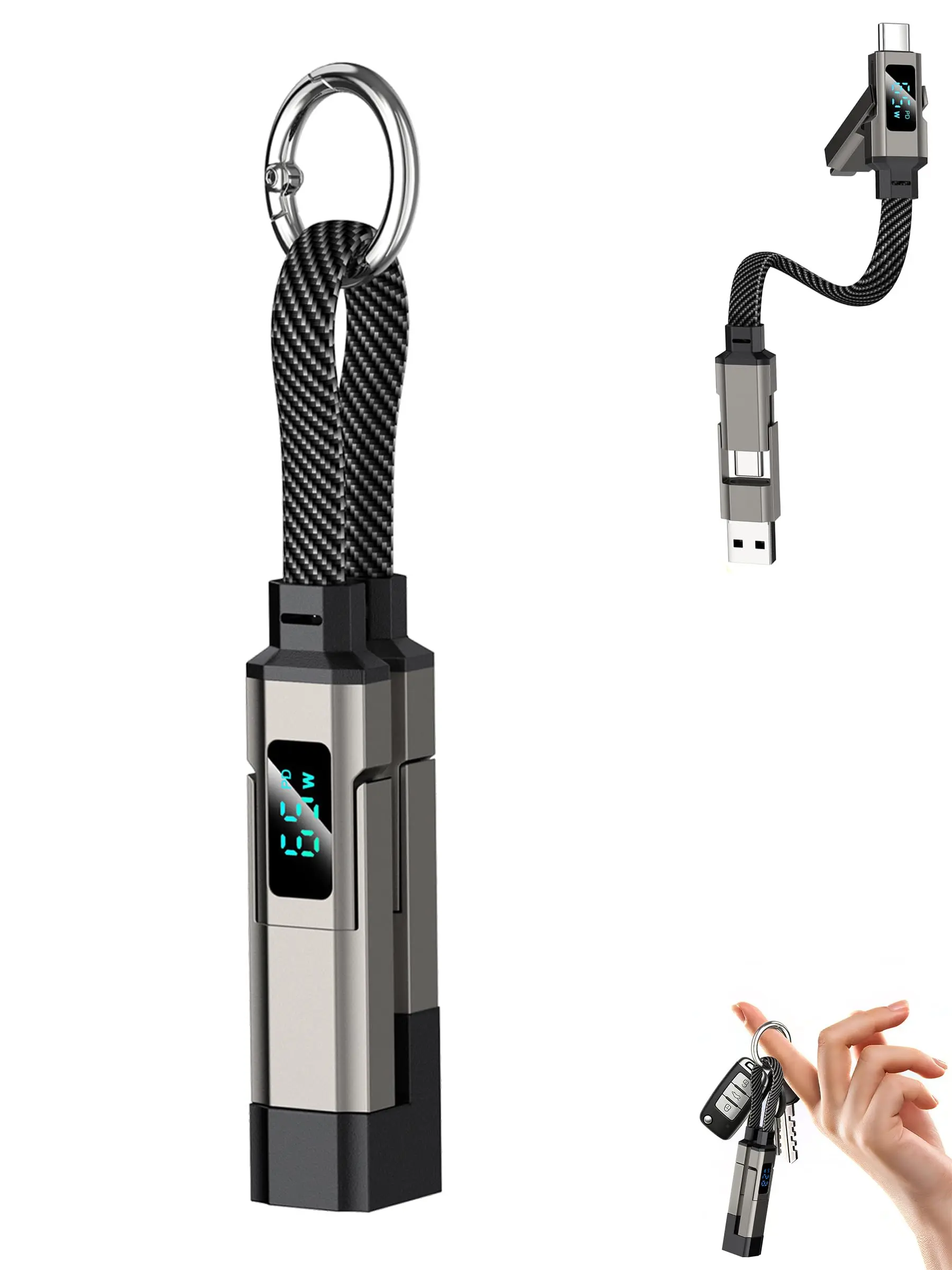 65W 4-in-1 Keychain Charging Cable with Digital Display