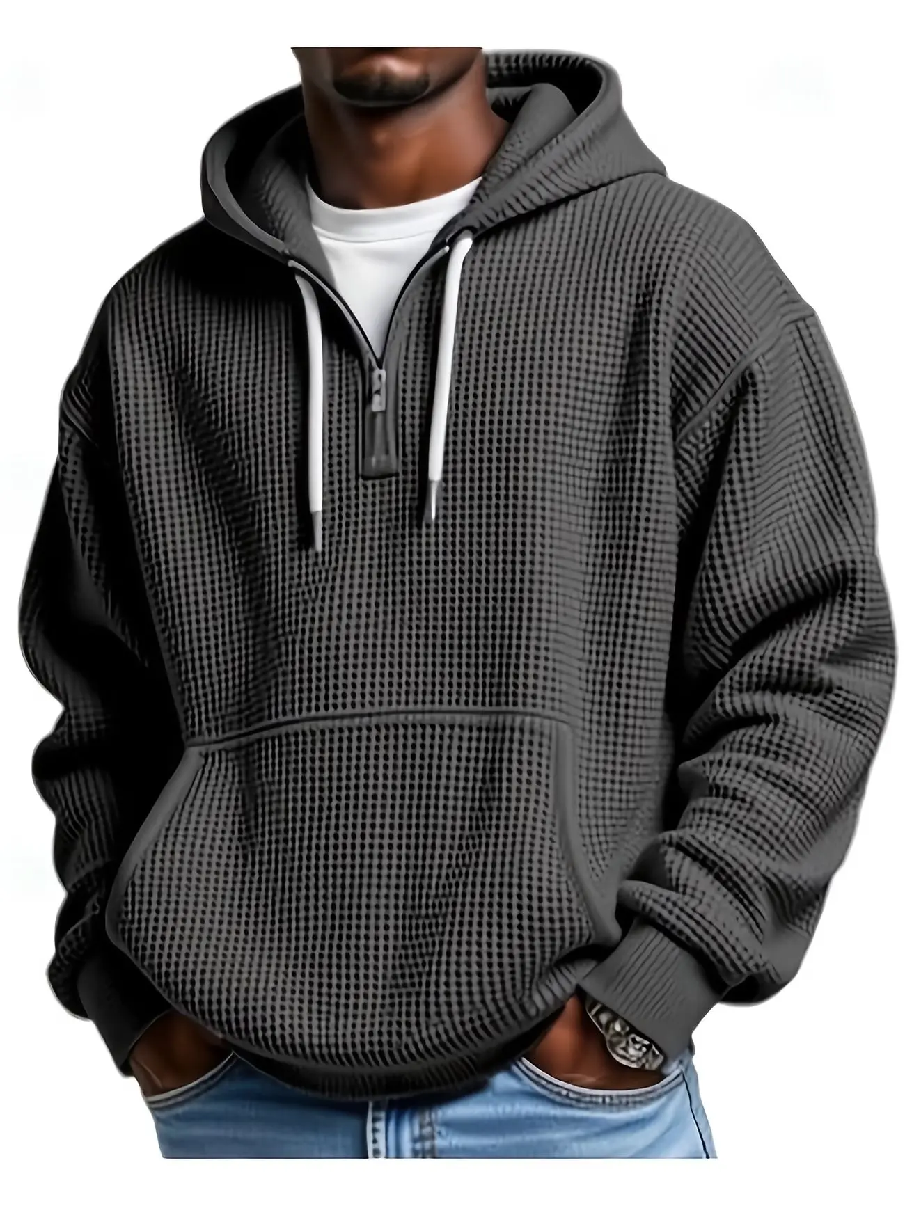 Men Waffle Knit Quarter Zip Hoodie Casual Loose Fit Long Sleeve Pullover Sweatshirt Drawstring Hooded Top with Front Kangaroo Pocket Autumn Winter Street Athletic Wear