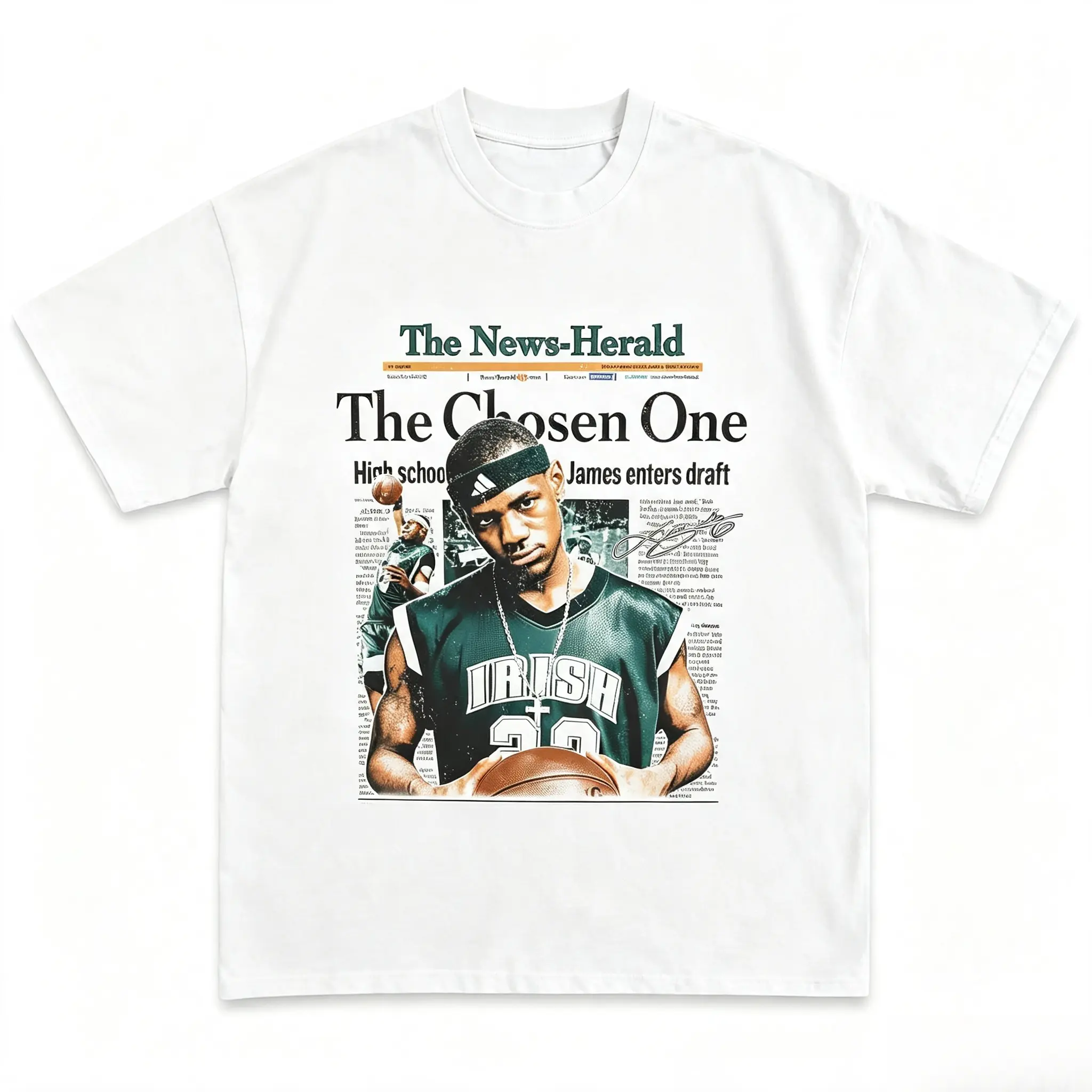 Cotton Women's LeBron James "The Chosen One" Newspaper Print T-Shirt Basketball Legend Casual Short Sleeve Tee