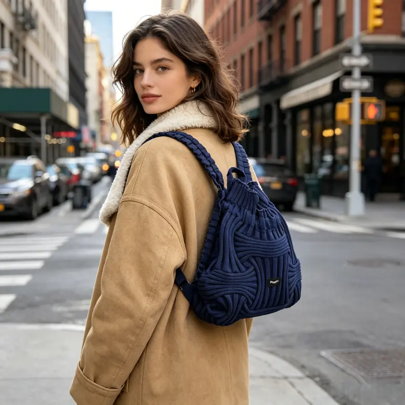 Wavy Knit Drawstring Backpack, Aesthetic Ruched Casual Bag