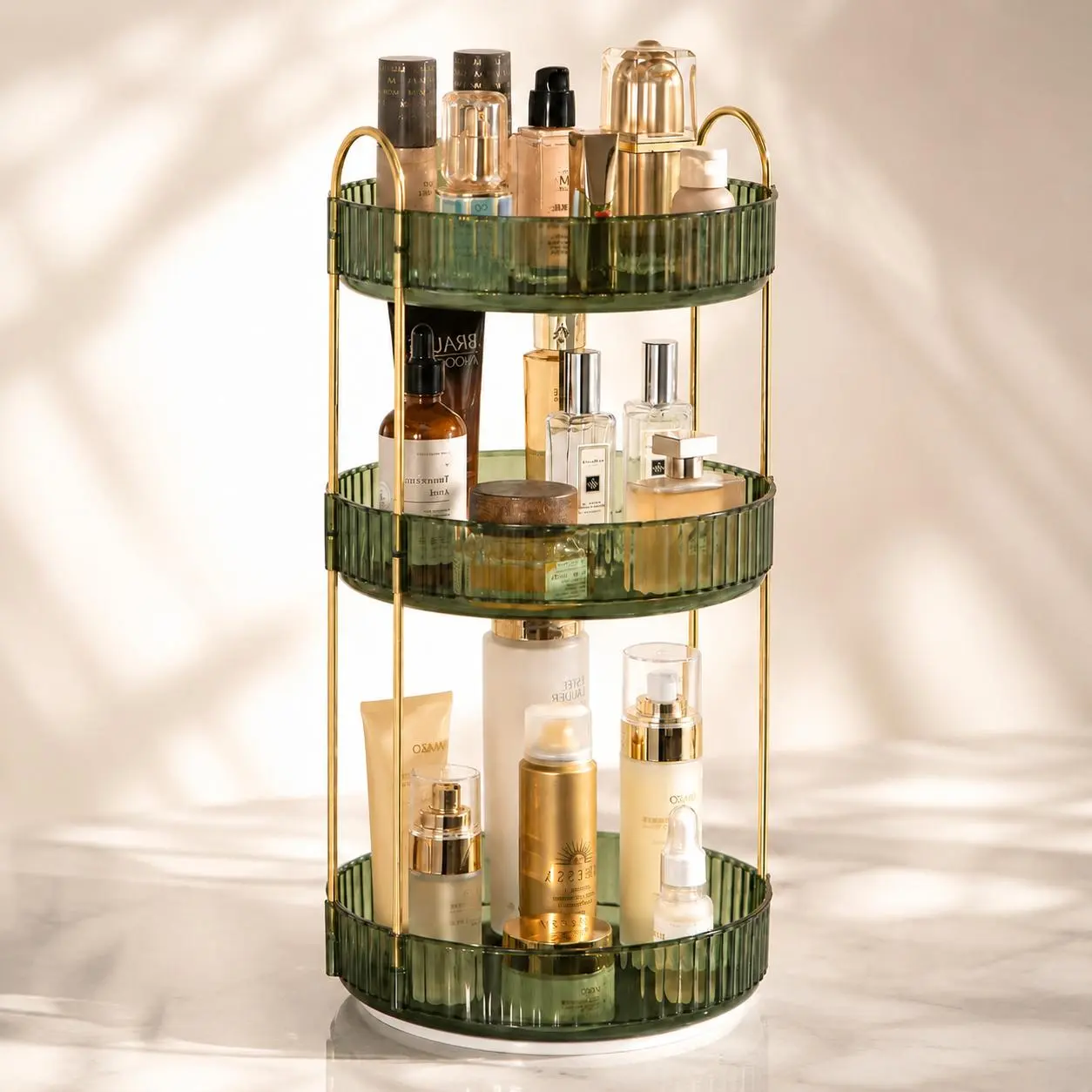 3-Tier 360° Rotating Makeup Organizer for Vanity, Large-Capacity Perfume, Skincare and Cosmetic Storage Carousel with High-Clearance Shelves, Green Clear Trays and Gold Metal Frame for Bathroom Countertop and Bedroom Dresser