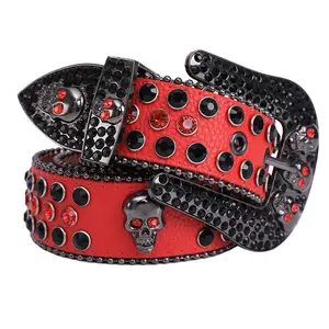 Skull Rhinestone Studded Belt, Punk Style Leather Belt, Y2K Red & Black Rivet Belt For Jeans