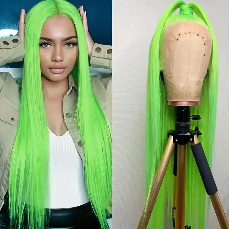 Phyoung Hair Lime Green Color Lace Frontal Synthetic Wig Long Straight Prelucked Hair Gluesless Heat Resistant Fiber Hair for Women