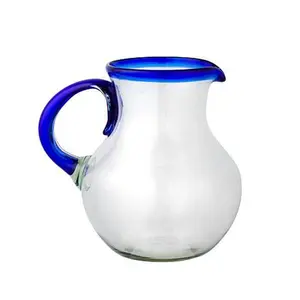 Ten Strawberry Street Handblown Mexican Glass Cobalt Rim Pitcher