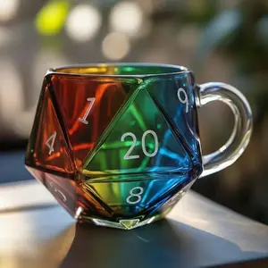 Multifaceted D20 Dice Coffee Cup, Handmade Game Night Mug, Fantasy Enthusiast Gift, Rainbow Color, 1pc Non-Lead Crystal Glass