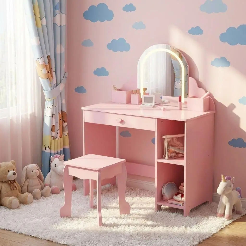 Children's Lighted Dressing Table Set with LED Mirror,2 in 1 Little Girls Vanity Table & Stool,Makeup Desk with Drawers and Open Shelves,Pink