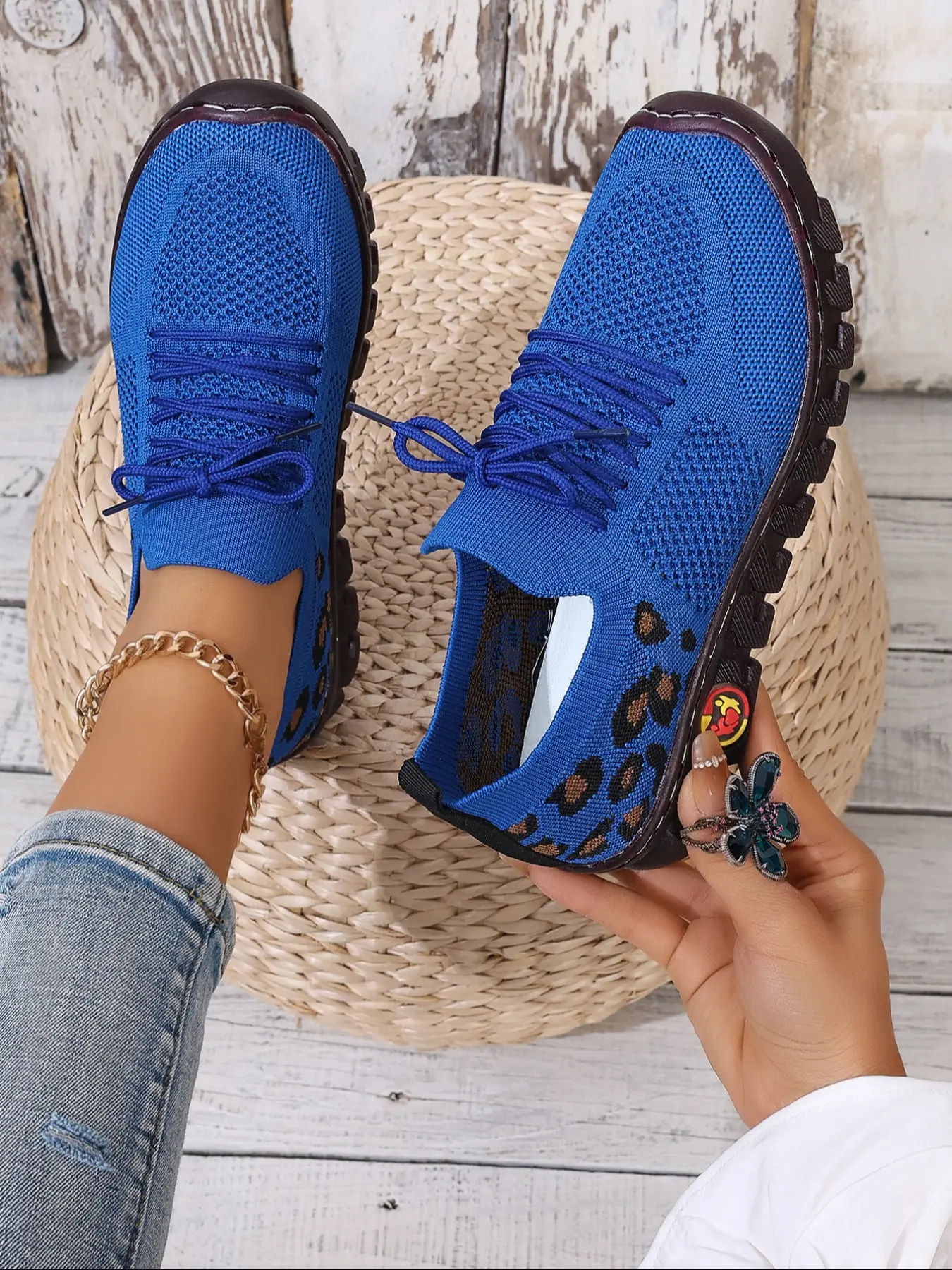 Women's Breathable Mesh Lace-Up Casual Walking Shoes, Low Top Round Toe Flats with Animal Print Patchwork Design, Fall Fashion Footwear, Lightweight Breathable Shoes, Leisure Shoes