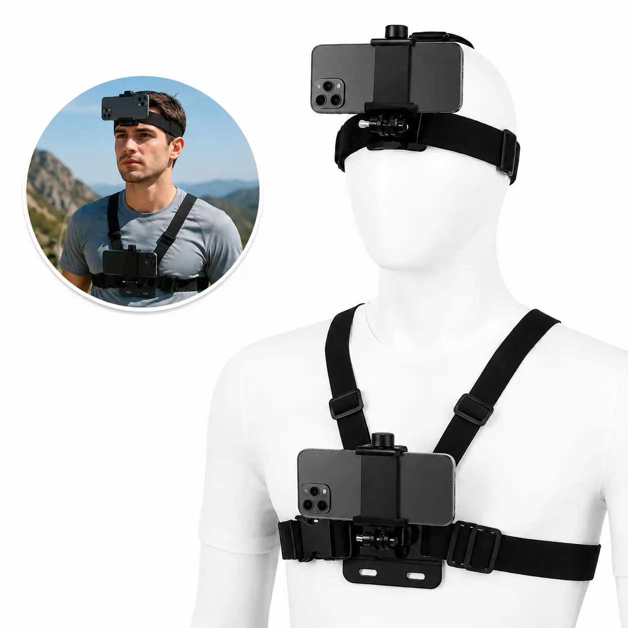 Adjustable POV Chest Strap & Headset Kit with Rubber Clip Holder Harness Vest, Climbing Hands-Free Shooting Accessories for Smartphones/Cameras, Compatible with iPhone Samsung GoPro Hero DJI Osmo AKASO