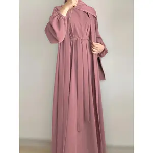 3pcs Traditional Middle Eastern Abaya Dress Set - Long Sleeve, Belted Waist, Solid Color, Non-Stretch Fabric, Spring/Summer/Fall Wear, Includes Cardigan, Dress, and Headscarf, Cultural Attire | Traditional Attire | Belted Waist Dress