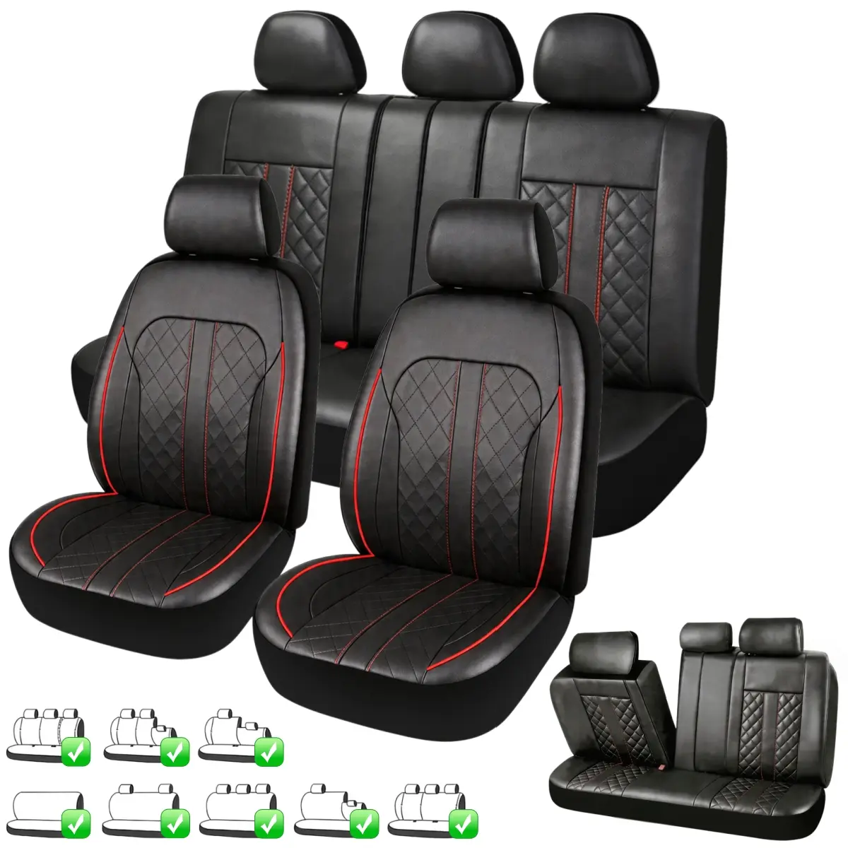 9PCS Leather Car Seat Covers Waterproof for 5 Passenger Vehicles, 5 Car Seat Protector Full Set with Sport Diamond Stitch, Front Seat Cover With Zipper Side Design, Split Rear Bench 40/60 60/40 50/50 Compatible, Universal Fit SUV Sedan Car