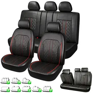 9PCS Leather Car Seat Covers Waterproof for 5 Passenger Vehicles, 5 Car Seat Protector Full Set with Sport Diamond Stitch, Front Seat Cover With Zipper Side Design, Split Rear Bench 40/60 60/40 50/50 Compatible, Universal Fit SUV Sedan Car