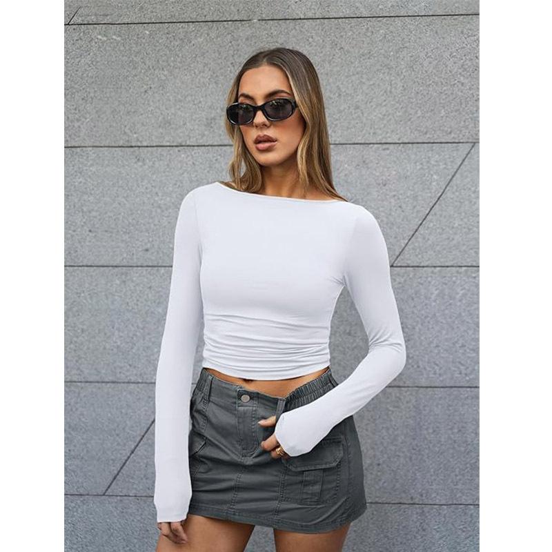 Slim Long-sleeved T-shirt Fashion Solid Round Neck Top Women's Clothing