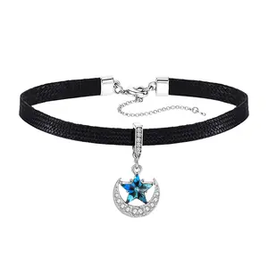Leather Choker for Women: Zircon Star Moon Ladies Girls Black Short Pendant Necklace Gothic Emo Jewelry Gift
