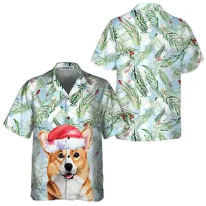 Corgi With Christmas Fir Branches Pattern Hawaiian Shirt, Corgi Christmas Shirt, Christmas Gift Idea, Short Sleeve Button Down Summer Beach Shirt