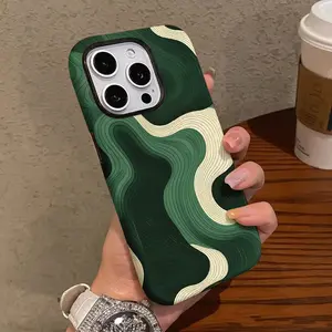 Stylish green abstract design phone case, double-layer protective case, sturdy and durable 2-in-1 protective case, compatible with iPhone 17/16/15/14/13/12/11 Pro Max/Plus/Pro, Samsung Galaxy S25/S24/S23 Ultra series, couple phone case.