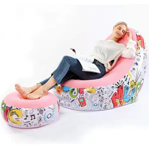 Lazy Inflatable Sofa Chair With Graffiti Pattern Flocking and Foot Cushion Suitable