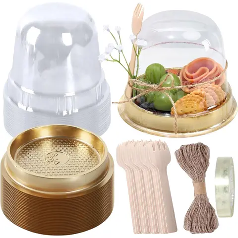 50-Set Disposable Dessert Cups Party Supplies - 11cm Round Plastic Charcuterie Cups with Mosquito-Block Dome Lids, Mini Wooden Sporks, Rope & Transparent Tape, Disposable Tableware Set Fits Mini Cakes & Donuts for Outdoor Snacks, Wedding Events