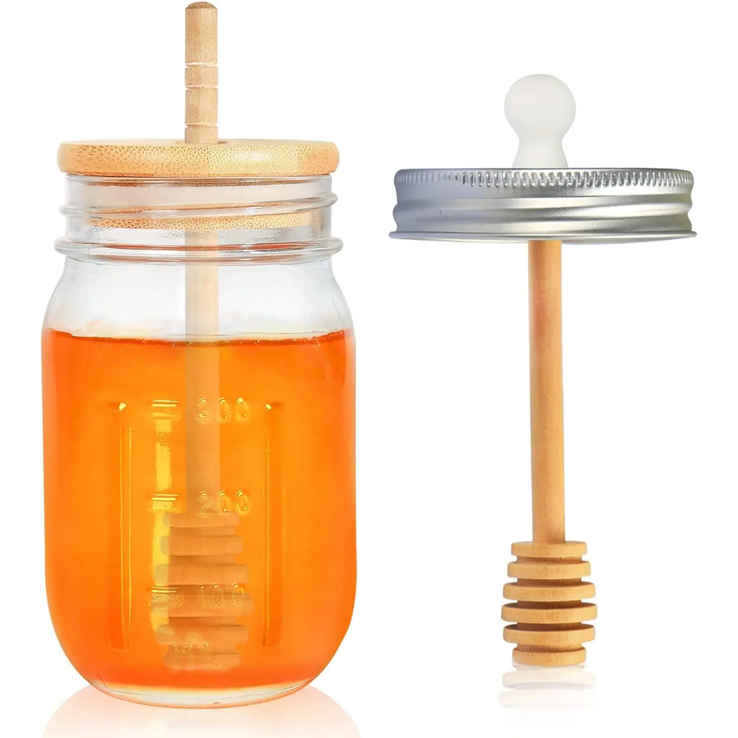 16oz Glass Honey Jar with Dippers Stick Set, Honey Pot with Dipper and Lid, Airtight Honey Containers Syrup Dispenser for Home Kitchen