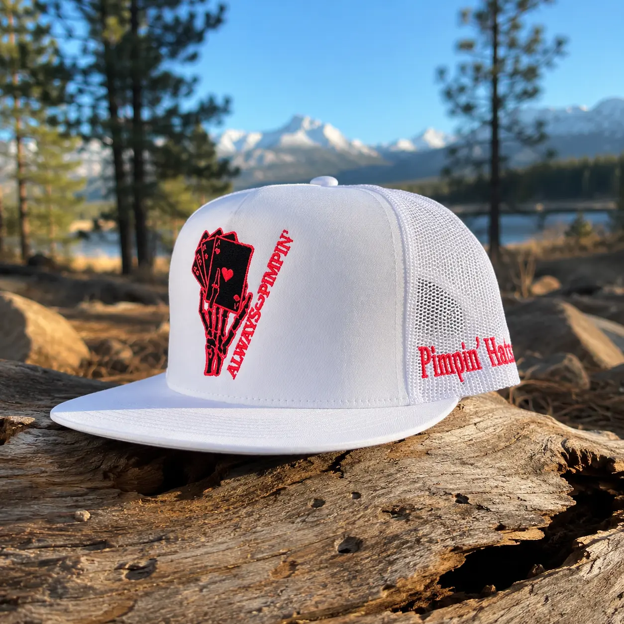 Always Pimpin' Playing Cards Skeleton Hand Trucker Hat – White Mesh Snapback Flat Bill Cap – Poker Card Embroidered Outdoor Baseball Hat for Men & Women