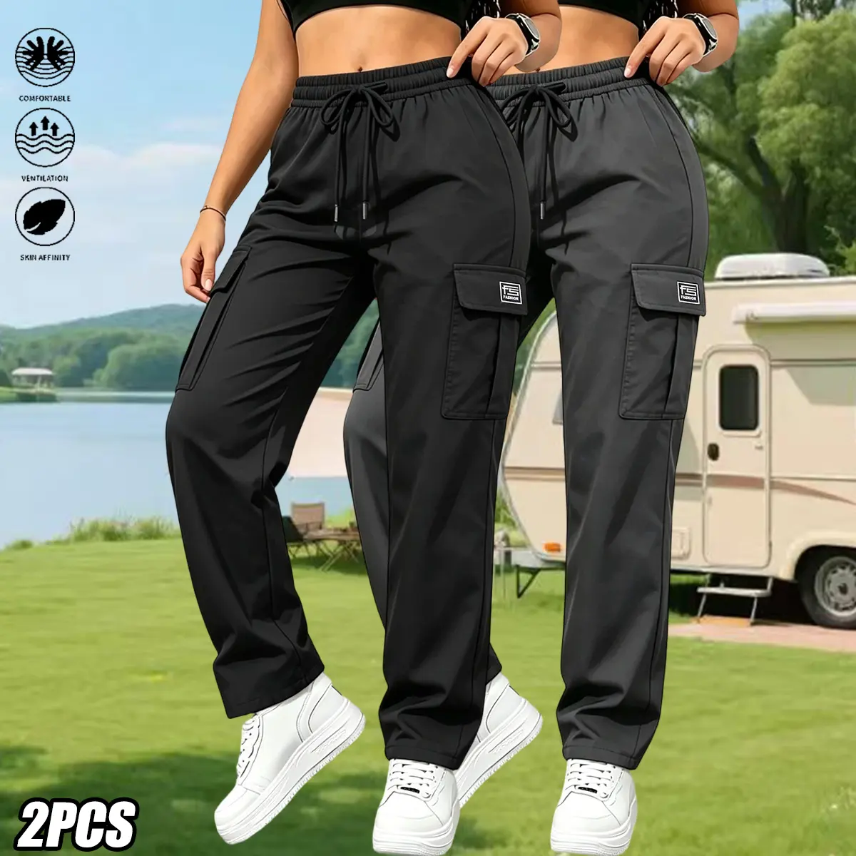 Women’s solid-color cargo pants 2-piece set featuring elastic waistband cuffs, equipped with practical pockets offering large capacity for convenient storage.Versatile women’s wear suitable for all seasons—ideal for everyday casual wear, outdoor outings,
