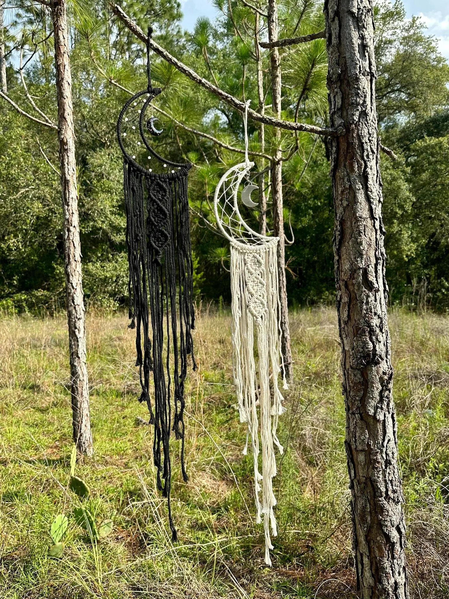 Macrame Wall Hanging Crescent Moon Dream Catcher with Moon Charm, Modern Boho Style Home Decor -- Black or Cream