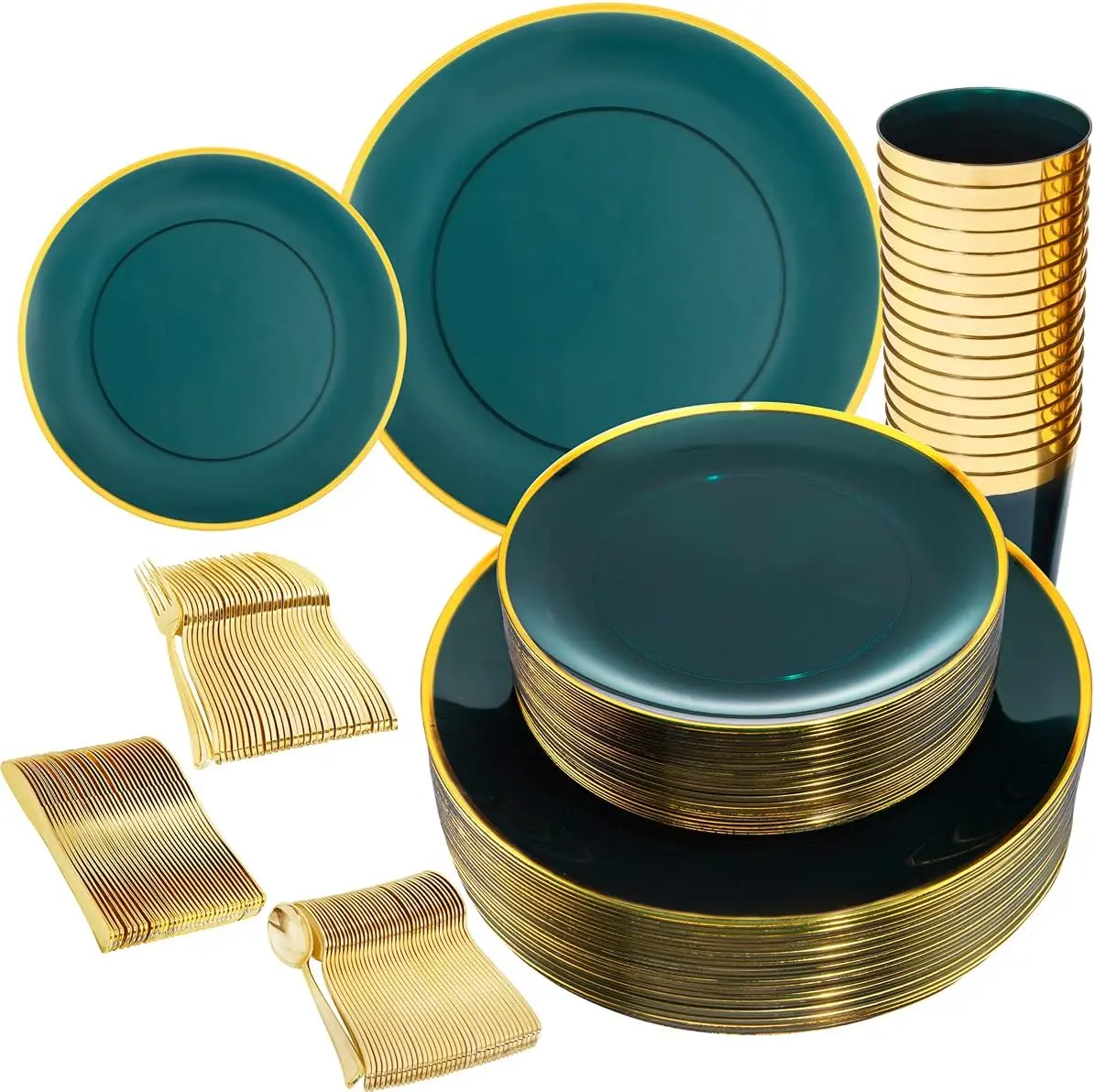180 Pcs Clear and Green Gold Plastic Christmas Plates - Emerald Green Disposable Plastic Dinnerware Sets, Include Dishes, Tableware, Cups for Party & Christmas & Wedding 30 Guests