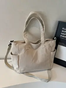 Women's Minimalist Corduroy Tote Bag with Multiple Pockets, Fashion Backpack for High School & College Students, Long Shoulder Strap, Fall Winter Casual Style