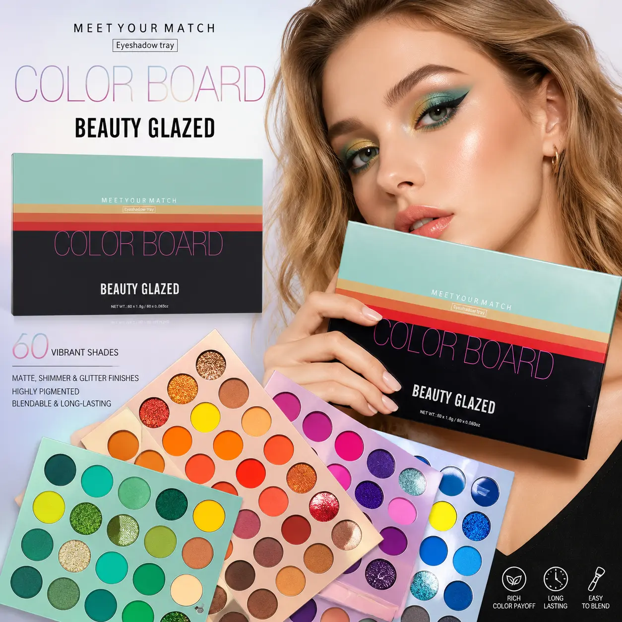 Beauty Glazed Color Board Eyeshadow Palette 4 Layers Rotating Foldable Rainbow Matte Shimmer Glitter High Pigmented Long Lasting Stage Party Festival Creative Eye Makeup