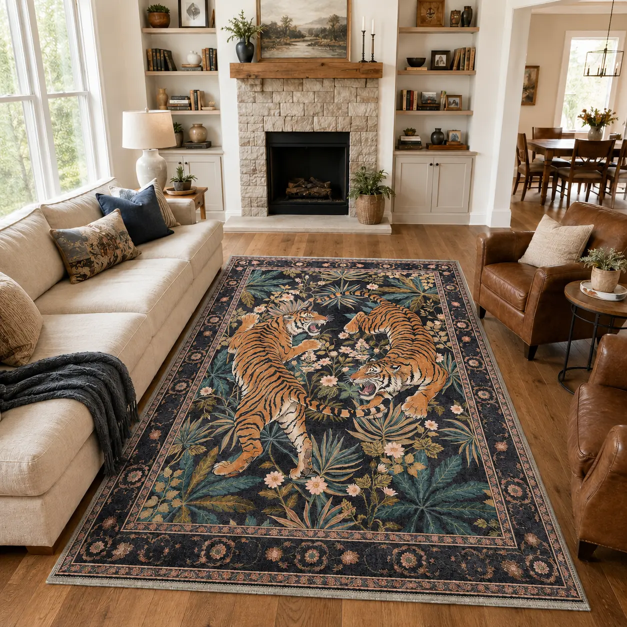 【Deals For You Days】GENIMO Tiger Print Area Rugs, Boho Vintage Oriental Living Room Rug, Non Slip Washable Rug Stain Resistant, Low Pile Thin Soft Animal Botanical Carpet for Bedroom, Dining Room, Office, Black