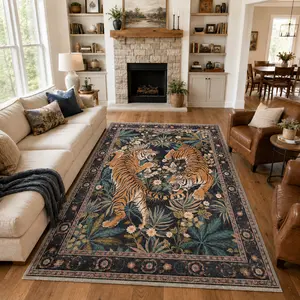 【Deals For You Days】GENIMO Tiger Print Area Rugs, Boho Vintage Oriental Living Room Rug, Non Slip Washable Rug Stain Resistant, Low Pile Thin Soft Animal Botanical Carpet for Bedroom, Dining Room, Office, Black