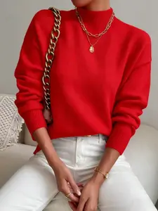 Women's Solid Color Stand Collar Loose Fit Long Sleeve Sweater, Fashion Casual Knitwear Knit Pullover, Perfect for Daily Wear