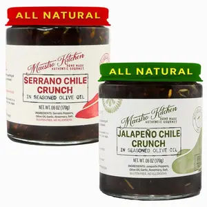 Spicy Serrano & Mild Jalapeno Pepper Chili Crisp Crunch - 6oz Variety 2 Pack - All Natural Chili Oil Hot Sauce 100% Olive Oil, Garlic & Rosemary - Crunchy Mexican Seasoning – Gluten Free Vegan