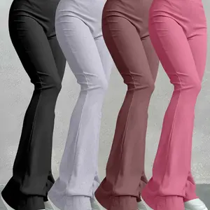 Women's Solid Ribbed Flare Leg Leggings, Casual Comfy High Stretch Bell Bottom Trousers for Yoga Gym Workout, Ladies Bottoms for All Seasons