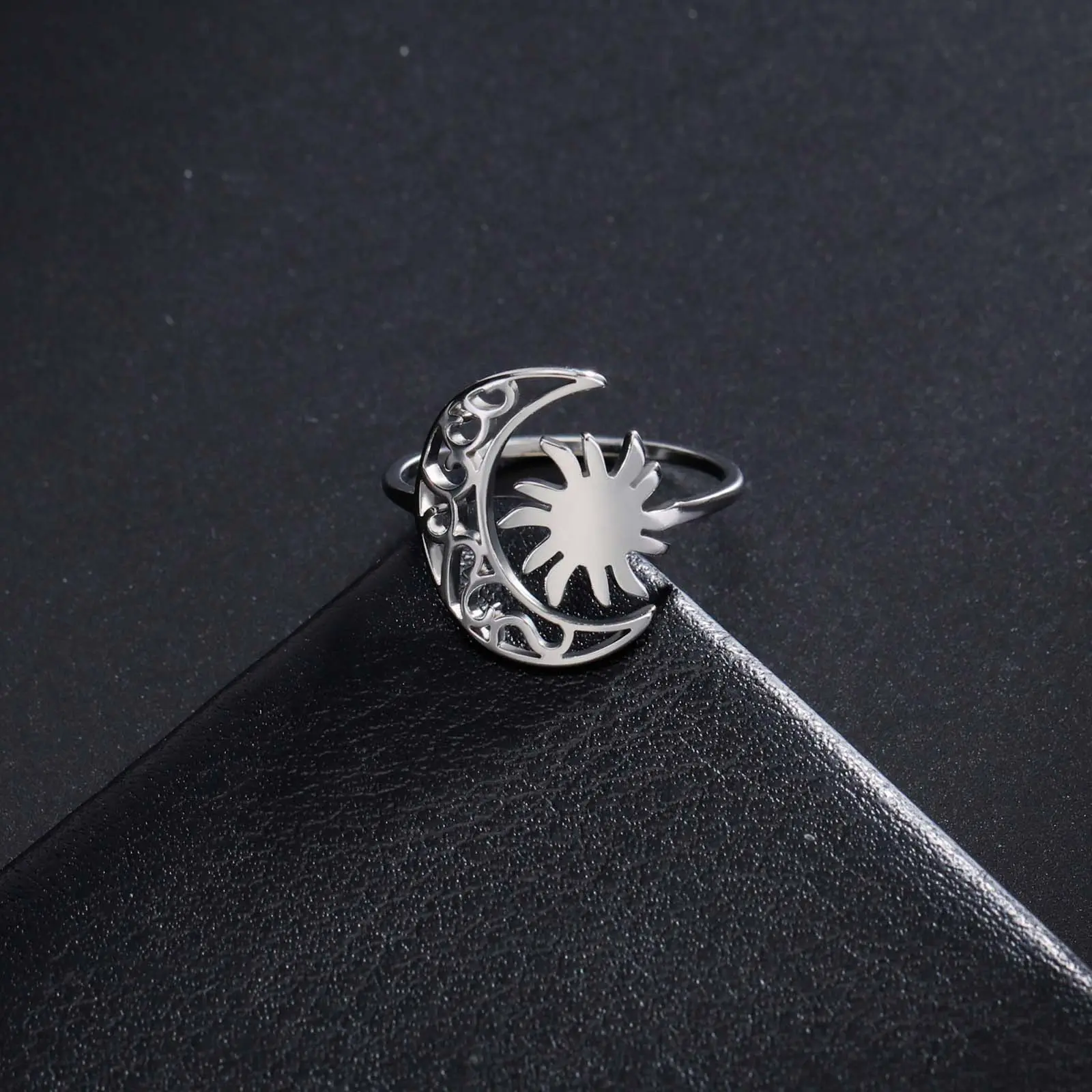 Women's Non Tarnish Crescent Moon Sun Open Finger Ring - Silver Stainless Steel Jewelry, Ideal Daily Gift, Non Tarnish Jewelry