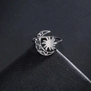 Crescent Moon Sun Ring Silver Stainless Steel Open Finger Ring Gift Women's Jewelry