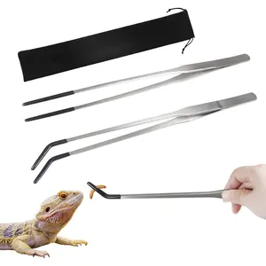 2 count Stainless Steel Reptile Feeding Tongs with Rubber Tip, 10.6" Straight and Curved Long Tweezers Terrarium Aquascape Tools Feeder for Lizards, Bearded Dragon Snake Enclosure Tank Accessories