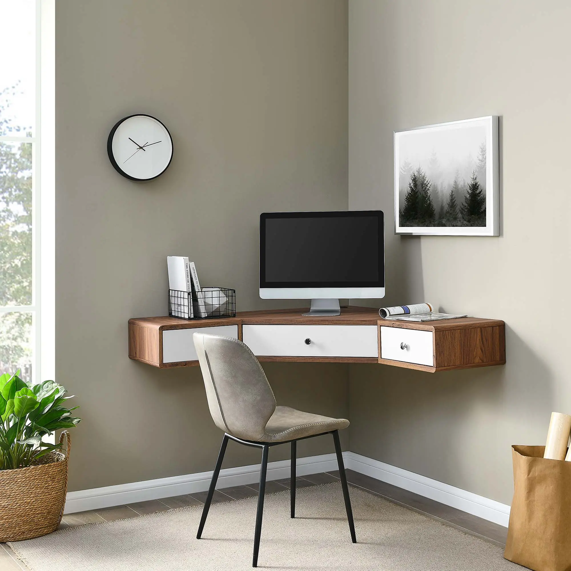 Modway Transmit 47" Wall Mount Corner Walnut Office Desk in Walnut White