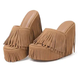 Women's Wedge Fringe Platform Sandals Dressy Wedge Heels Summer Boho Shoes Slip on Open Toe Slides Tassels Beach Slippers chic fringe Beach Sandals Open Toe