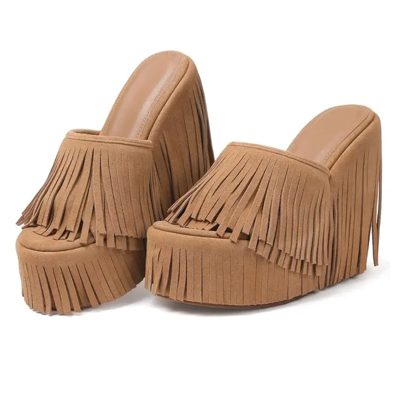 AOSPHIRAYLIAN Women's Open Toed Sandals - 5.5” Wedge Platform, Stable Base, Fringe Tassels, Slip-On Slides, Minimalist Elegant Comfort, Holiday Boho Casual Beach Footwear, Shoes for Women