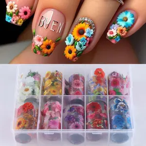 Boxed Floral Nail Art Transfer Foil Paper, Vibrant Rose Sunflower Daisy Design, DIY Manicure Decoration for Women & Girls