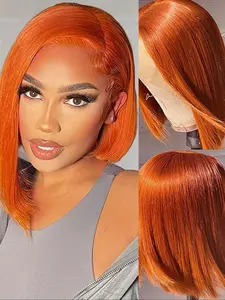 [Ginger Bob Wigs] Ginger Bob Wigs Human Hair | 13x4 HD Lace Front Wig 180% Density Short Straight 10 Inch Pre-Plucked with Baby Hair Natural Looking for All Ethnicities, Realistic Hairpiece