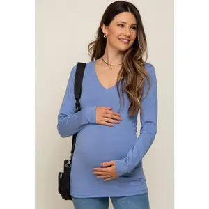 Blue Fitted Long Sleeve Maternity Top