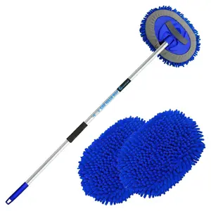 62" Car Wash Brush Mop Kit with Long Handle, 2 in 1 Chenille Microfiber Sponge Mitt Cleaning Detailing Duster for Washing Cars Truck SUV RV Caravans and Household(2 x Mop Head) (Blue)