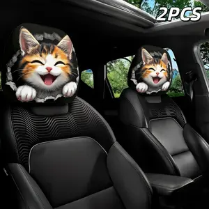 2-Pack Cute Cat Print Car Headrest Covers, trendy girly universal car accessories. Washable and comfy, simple installation. Fits trucks, SUVs and most vehicles, lovely decorative add-ons to refresh daily auto interior style