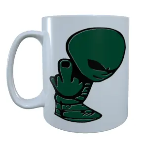 Alien Middle Finger 15 oz Ceramic Mug - Reusable Drinkware with Green Design, Ideal for Coffee and Tea